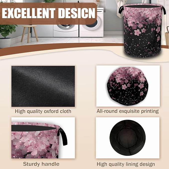 Cherry Blossoms Laundry Basket,Waterproof Foldable Pink Glitter Laundry Hamper,Dirty Clothes Basket, Linen Bin Storage Organizer Collection 16" x 20.8"