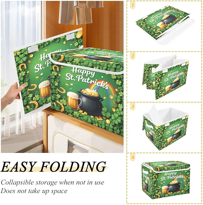 Bolaz St Patrick Green Storage Bins with Lids and Handles, Rainbow Foldable Storage Box Storage Basket with Cover Collapsible Organizer Containers for Home Closet, Shelves