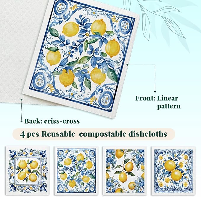 LARTSFRO Swedish Dishcloths for Kitchen, Papaya Reusable Paper Towels Washable, Summer Lemon Vintage Floral Swedish DishCloths for Friut, 4 Pack Dish Towels for Kitchen, No Odor Cleaning Cloths