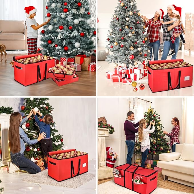 Christmas Ornament Storage Box, Ornament Storage Organizer Fits 128 of 3 inch Ornament Balls, 8 Removable Tray Ornaments Storage Containers with Dividers to Store Xmas Holiday Decor(Red)