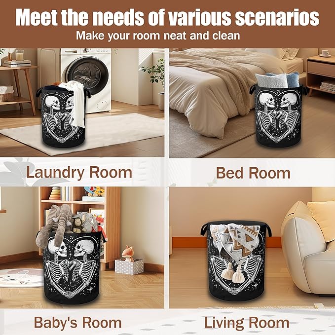 Halloween Funny Skeleton Laundry Basket,Waterproof Foldable Cute Skull Heart Laundry Hamper,Dirty Clothes Basket, Linen Bin Storage Organizer Collection 16" x 20.8"