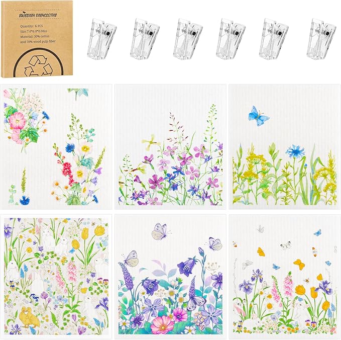 Needbrock 6 Pack Swedish Dishcloths for Kitchen, Absorbent Dish Cloths Swedish Rags Dish Towels with Adhesive Clips, Reusable Paper Towels No Odor for Cleaning Kitchen Valentines Gifts for Women