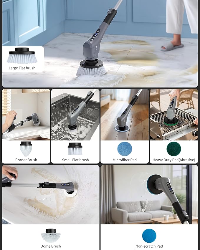 MR.SIGA Electric Spin Scrubber, Cordless Cleaning Brush, Shower Scrubber with 7 Replaceable Brush Head, Waterproof Bathroom Power Scrubber for Kitchen and Bathroom Cleaning