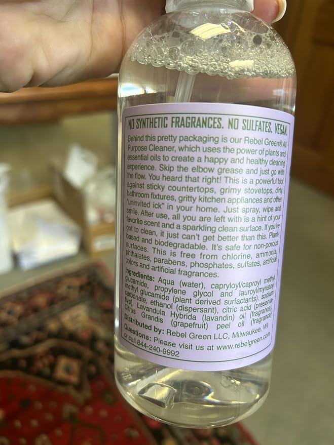 Rebel Green Natural All-Purpose Cleaning Spray - Plant-Derived Multi-Surface Cleaner with Essential Oils for Kitchen, Bath, Countertops and More - Lavender & Grapefruit Scent - 16 oz - 2 Pack