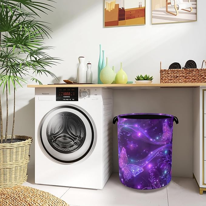 Purple Butterfly Laundry Hamper,Sparkling Dirty Clothes Laundry Basket with Handles Waterproof Oxford Cloth Storage Basket for College Dorms Bathroom Bedroom 16" x 20.8"