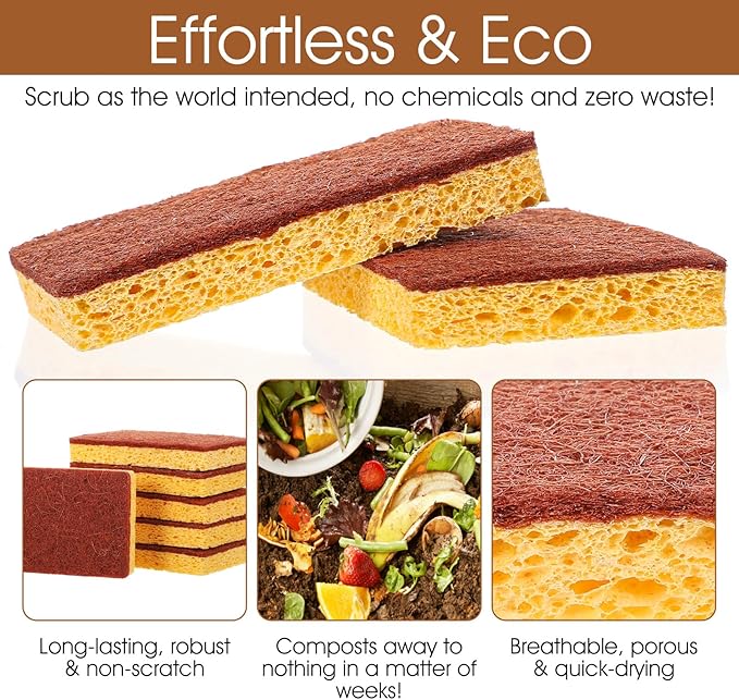 48 Pack Natural Plant Based Scrub Sponge, Palm Fiber Scrubbing Sponge with Non Scratch Compostable Sponges,Long Lasting No Smell Dishwashing Kitchen Scrubber