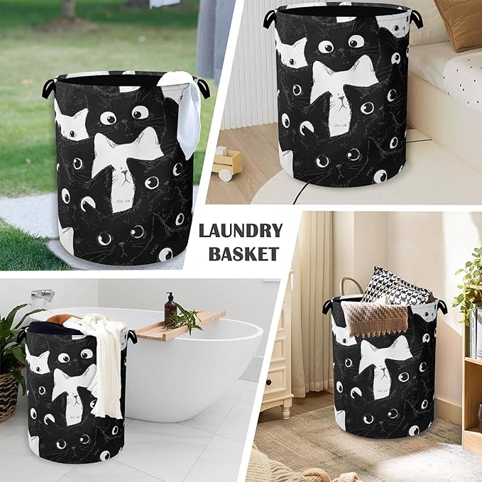 Cute Black Cat Laundry Hamper,Dirty Clothes Laundry Basket with Handles Waterproof Oxford Cloth Storage Basket for College Dorms Bathroom Bedroom 16" x 20.8"