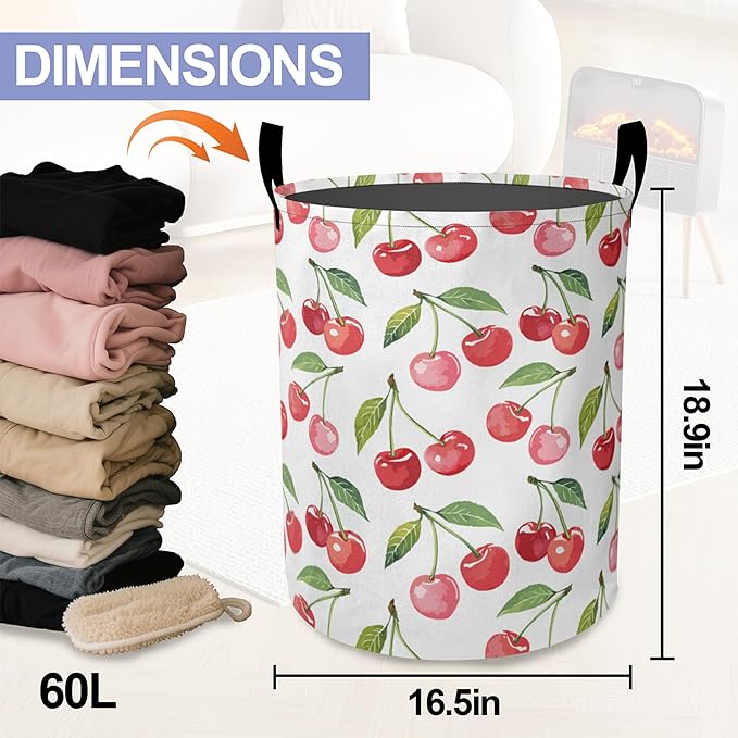 Cute Cherry Laundry Hamper Large Canvas Fabric Lightweight Storage Basket/Dirty Clothes Collapsible Waterproof for College Dorms, Boys and Girls Bedroom,Bathroom