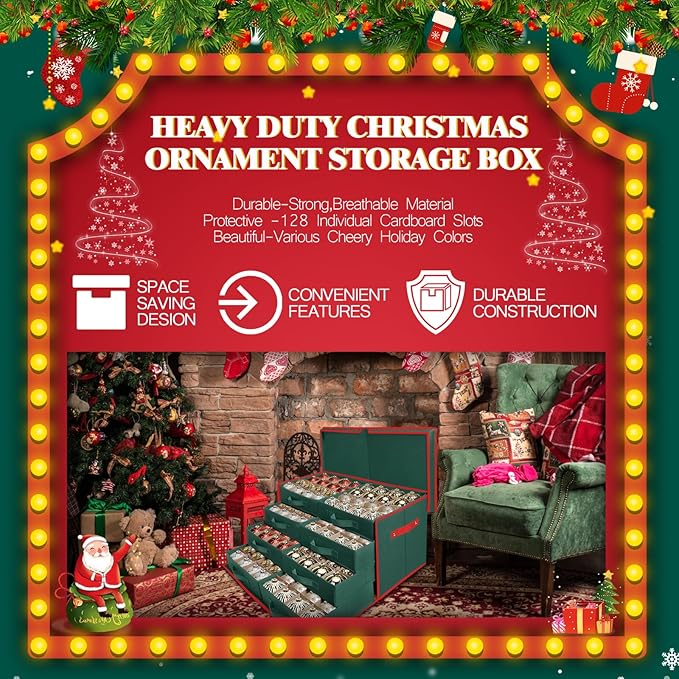 WDZREE Premium Large Christmas Ornament Storage,Box with Side Open, Drawer Style Trays -3" Compartment, 8 Trays, Keeps 128 Holiday Ornaments -Made of Durable 600D Oxford Fabric Tear-Proof Material