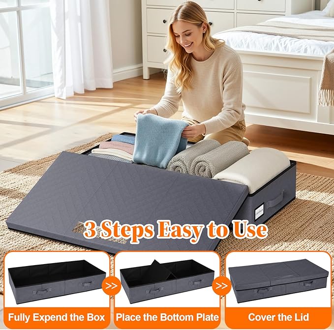 StoreHappily Under Bed Storage Containers with Lids - 3 Pack, Foldable and Stackable Clothes Storage Bags with Clear Window, 3-Sided Handles and Label Slot for Clothing, Blankets, Pillows (Grey)