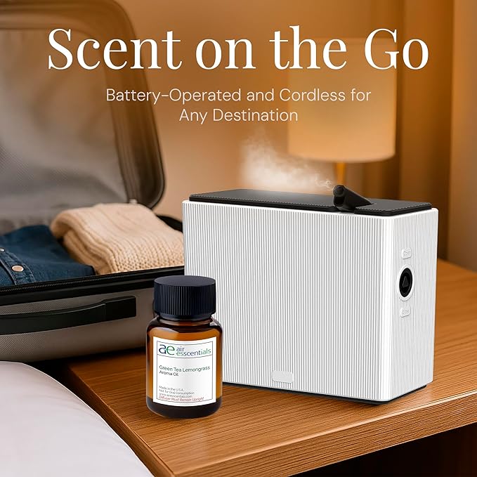 AE101Bat Waterless Scent Diffuser with Green Tea & Lemongrass Oil, Scent Machine Set for Small Spaces, Battery Operated, Motion Sensor, 100 Sq. Ft. Coverage