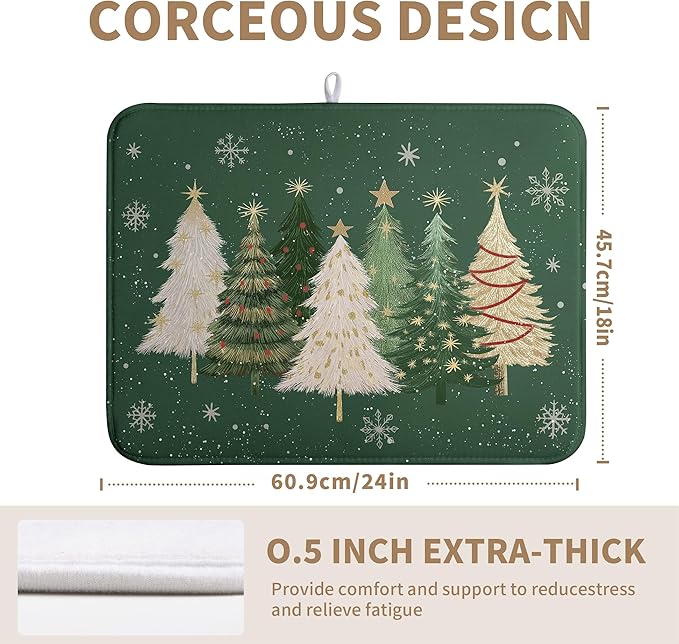 Wnoesat Green Christmas Tree Snowflakes Dish Drying Mat for Kitchen Counter 18x24 Inch Winter Xmas Holiday Dish Rack Mat Absorbent Microfiber Dish Draining Mat Reversible Drainer Pad