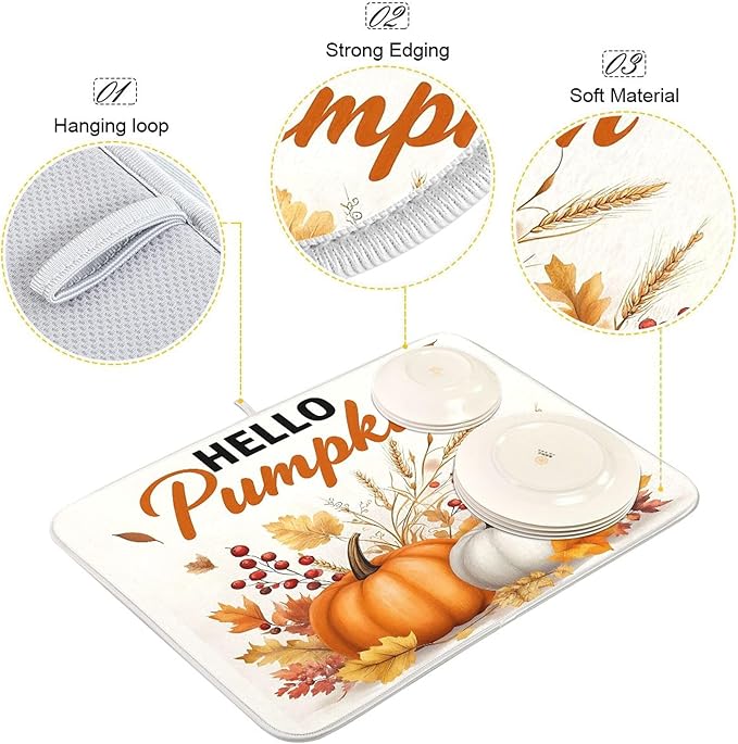 Hello Pumpkin Dish Drying Mat for Kitchen Countertop 16x18 Fall Harvest Leaves Berry White Small Drying Mat Reusable Quick Dry Dish Sink Mats Easy Clean Decorative Essentials