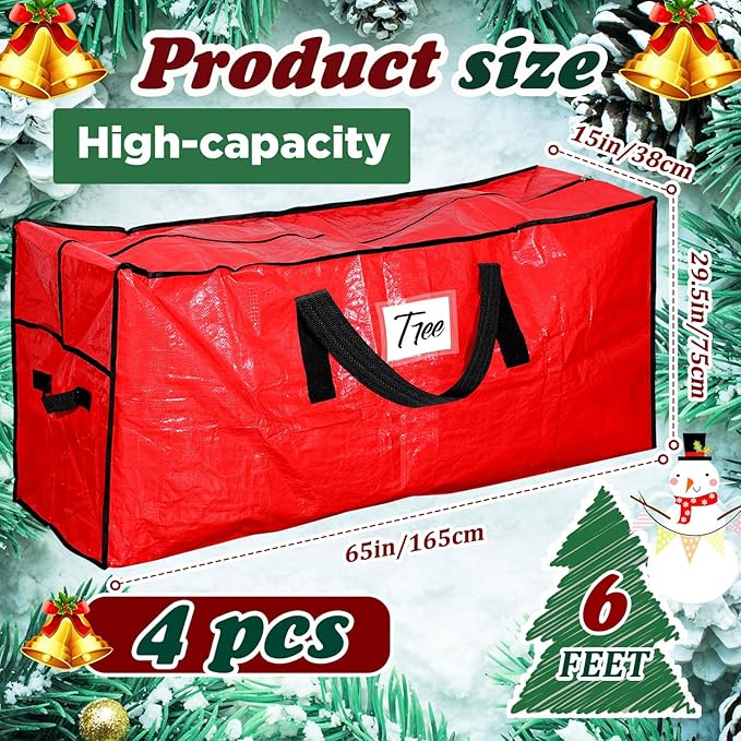 Amylove 4 Pcs Large Christmas Tree Storage Bags Heavy Duty Xmas Zippered Bags Bulk Waterproof Plastic Christmas Tree Container with Carry Handles(9 ft,Red)