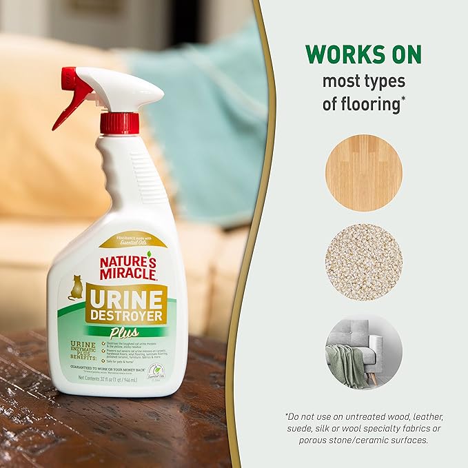 Nature’s Miracle Urine Destroyer Plus Cat, 32 Ounces, Enzymatic Formula, Ready-to-Use (Pack of 12)