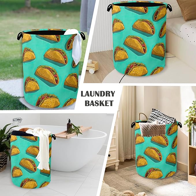 Mexican Taco Laundry Hamper,Dirty Clothes Laundry Basket with Handles Waterproof Oxford Cloth Storage Basket for College Dorms Bathroom Bedroom 16" x 20.8"