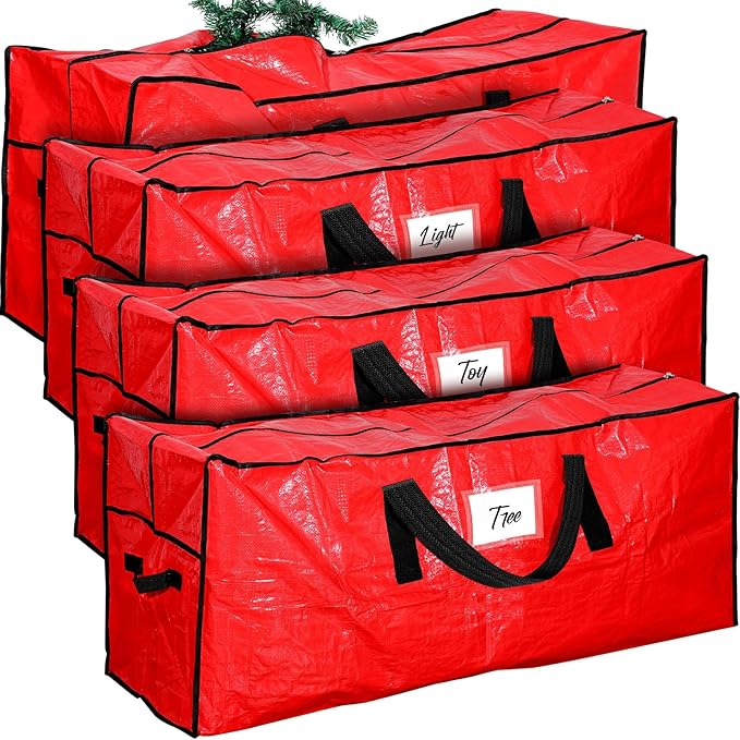 Amylove 4 Pcs Large Christmas Tree Storage Bags Heavy Duty Xmas Zippered Bags Bulk Waterproof Plastic Christmas Tree Container with Carry Handles(9 ft,Red)