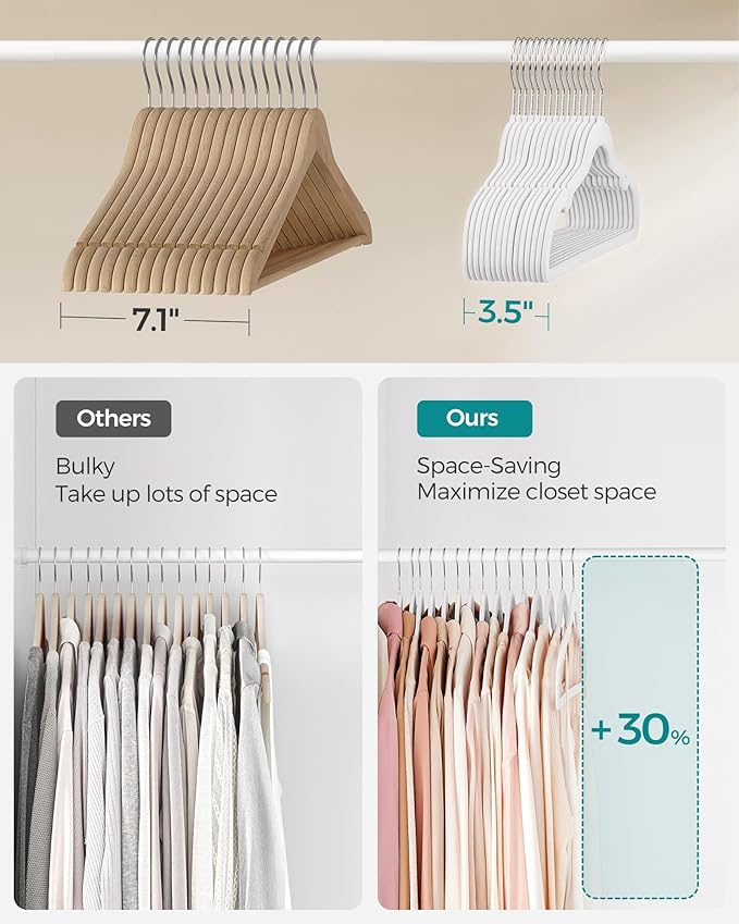 SONGMICS Velvet Hangers 60 Pack, Non-Slip Clothes Hangers with Shoulder Notches, Pants Bar, 360° Swivel Hook, Space-Saving, for Closet, Cloud White UCRF030W01