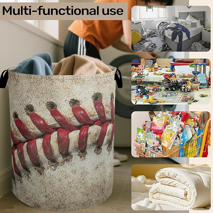 Retro Baseball Laundry Basket with Handles - Extra Large Foldable Hamper for Bathroom/Laundry/Bedroom/Dorm, Washable Fabric Storage Bin