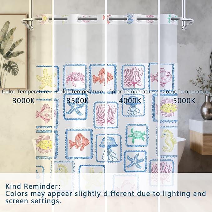 Double Layer Shower Curtains, No-Hook Cute Shower Curtain with Snap-in Weighted Shower Curtain Liner, Water Repellent & Quick-Dry Bath Tub Curtain, Cartoon Ocean Creature Stamp Pattern, 71"W x74"L