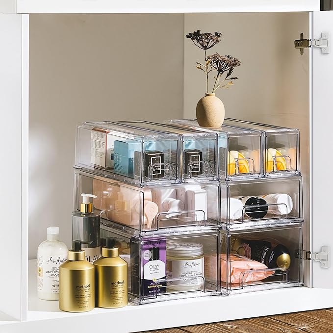 Sorbus Small Clear Stackable Storage Drawers – 4-Pack Plastic Organizer Bins with Handles – Stackable Pull-Out Storage Drawers for Closet, Pantry, Office, Bathroom, Craft, and Toy Organization