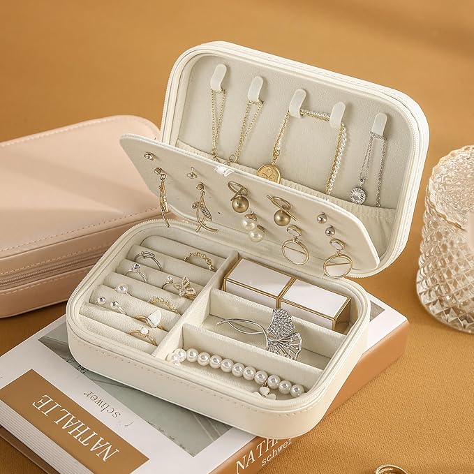 CASEGRACE Travel Jewelry Case, Double Layer Travel Jewelry Organizer for Necklace Earring Rings Jewelry Display Case for Women, White
