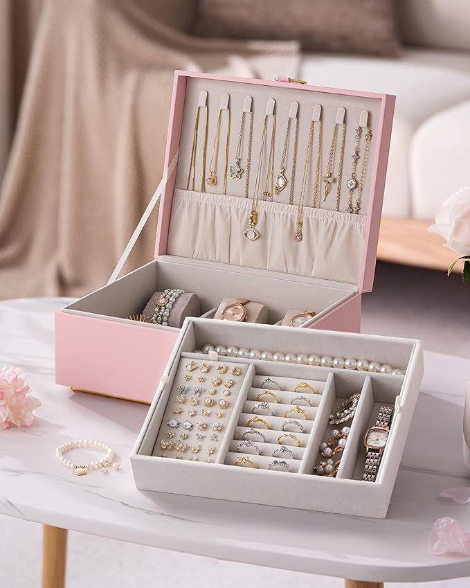 pickpiff 2 Layer Jewelry Box Organizer for Women, Jewelry Organizer with Handle & Removable Tray, Necklace Holder Ring Earring Storage, Velvet Lined Jewelry Case for Home or Travel, Gift Ready, Pink
