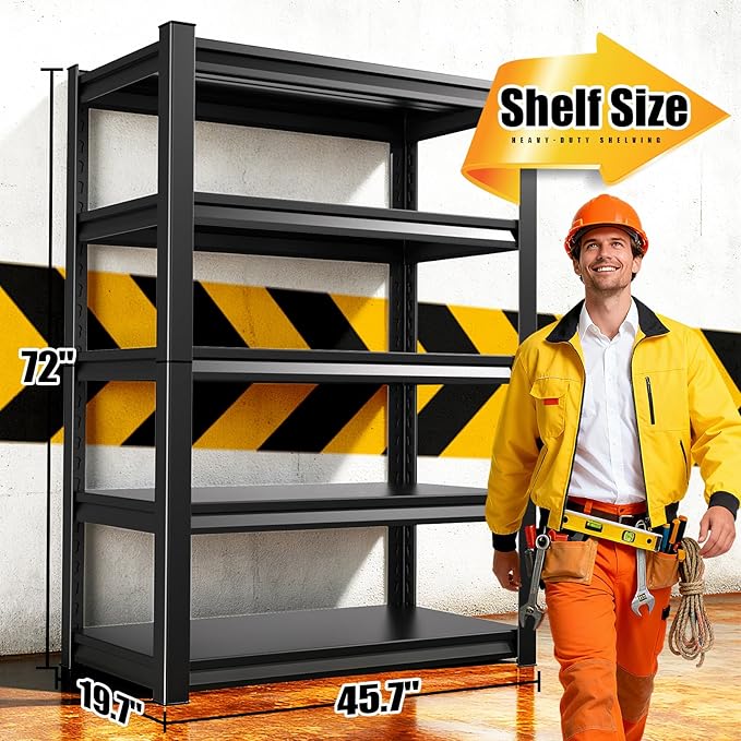 5-Tier 72”H Garage Shelving, Adjustable Garage Shelves, 2500 Lbs Storage Shelves Heavy Duty, Garage Shelf for Tool Organization, Storage Shelves for Basement, Warehouse, Black (72''H×46''W×19.7''D)