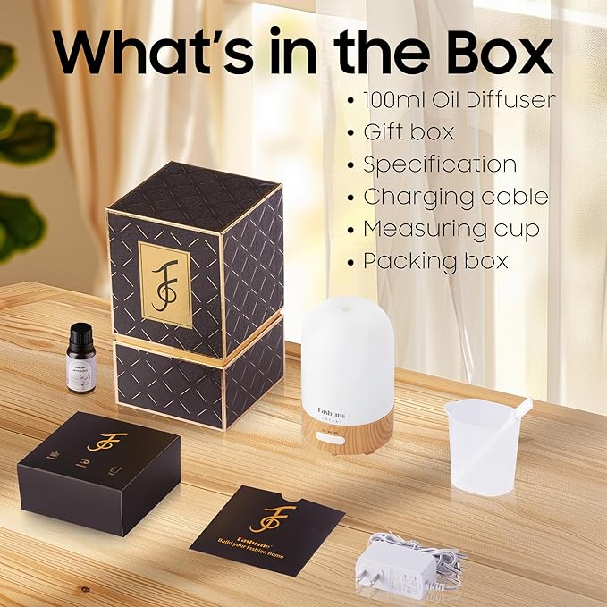 Essential Oil Diffuser Hand Blown Glass, 100ml Small Aromatherapy Diffuser, Auto Shut-Off Function, Ultrasonic Diffusers for Essential Oils, Cool Mist Humidifier with Warm White Lights（White）