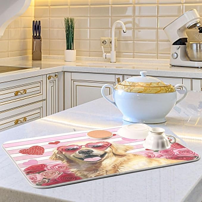 Happy Valentine's Day Pink Dish Drying Mat for Kitchen Countertop 18x24 Love Golden Retriever Dog Flowers Large Drying Mat Reusable Quick Dry Dish Sink Mats Easy Clean Decorative Essentials