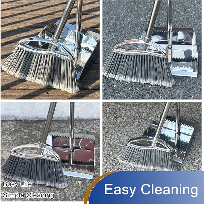 Outdoor Broom and Dustpan Comb Set,Heavy Duty Stainless Steel Metal Dust Pan with Long Handle Commercial Stiff Bristles Broom for Home Garage Garden Patio
