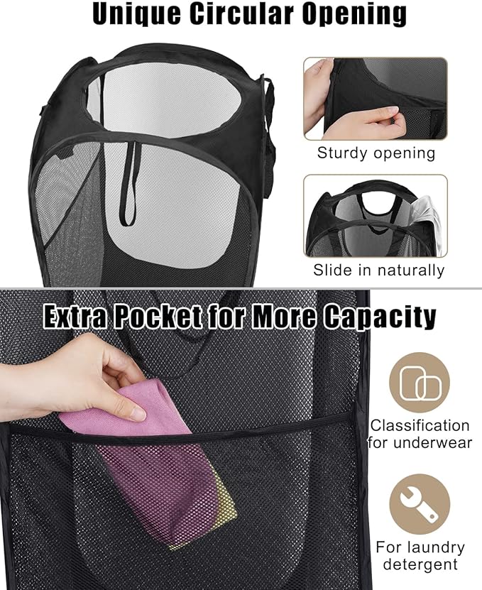 HOUSE AGAIN Mesh Popup Laundry Hamper, [Reinforced] Collapsible Laundry Basket, Foldable Pop Up Hamper with Durable Handles, Easy to Open and Fold for Dorm, Laundry Room, Bedroom, Travel, (Black)