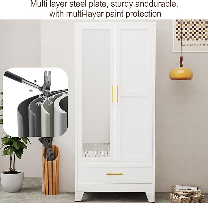 71" H Metal Armoire Wardrobe Closet with Mirror,Household Steel Wardrobe Cabinet with Drawers,Clothing Storage Wardrobe Cabinet with Adjustable Shelves and Hanging Rod for Bedroom（White）