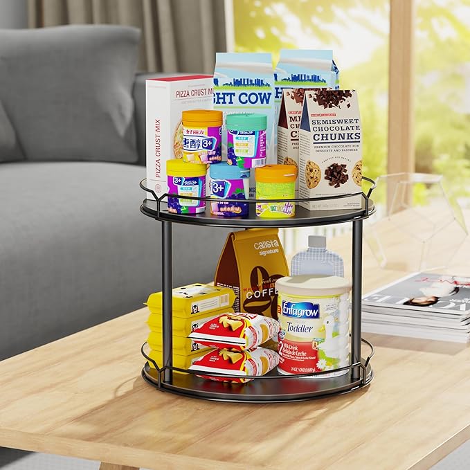 MUTUALUS Lazy Susan Organizer 2 Tier - 12.4" Turntable Spice Rack for Table Top, Wooden Rotating Lazy Susan for Cabinet Pantry Kitchen Countertop Dining Table Cupboard Bathroom Vanity Storage(Black)