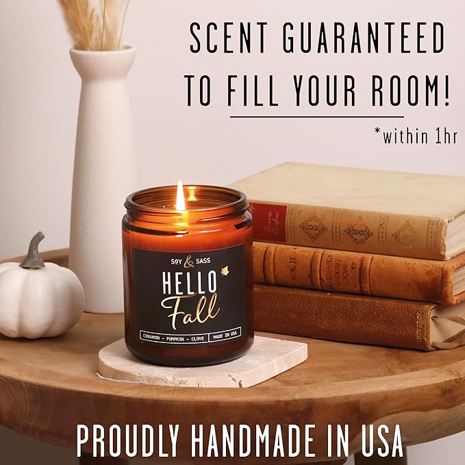 Fall Candles - 'Hello Fall Scented Candle' w/Cinnamon, Pumpkin & Fir I Infused with Essential Oils Autumn Scented Soy Candles for Home Décor, 9oz Reusable Jar, 50Hr Burn, Made in USA