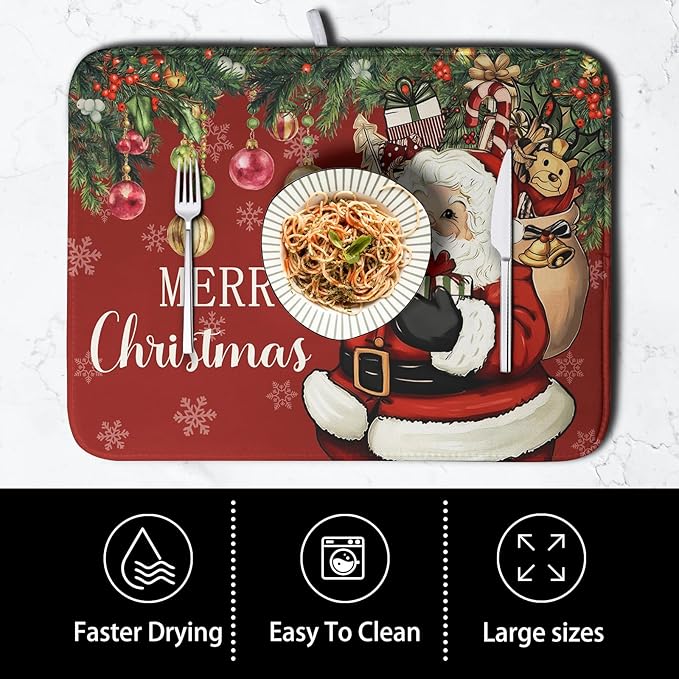 Kwlegh Merry Christmas Dish Drying Mat Santa Claus Kitchen Drainer Mats Microfiber Absorbent Winter Xmas Holiday Dishes Pad Reusable Dish Rack Mat for Countertop Tableware Decor 18x24 Inch