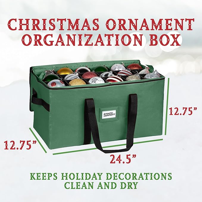 Christmas Ornament Storage Container,Box Stores Up to 54-4", Adjustable Dividers, Large Organizer Bin to Protect and Store Holiday Décor - Green