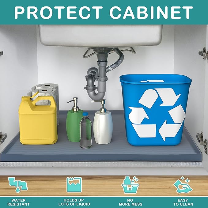 URMONA Waterproof Silicone Under Sink Mat 31'' x 19'' Shelf Liner for Kitchen and Bathroom, Cabinet and Counter Protector, Storage and Organizers, Litter Mat, Pet Cat Puppy Essentials(Green)