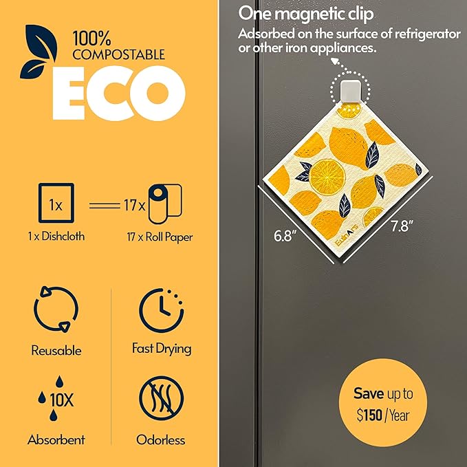 Eulnars Swedish Dishcloths for Kitchen, 8 Pack Reusable Paper Towels with Clips, Non-Scratch Swedish Dish Towels, Super Absorbent Cellulose Sponge Cloths, Assorted