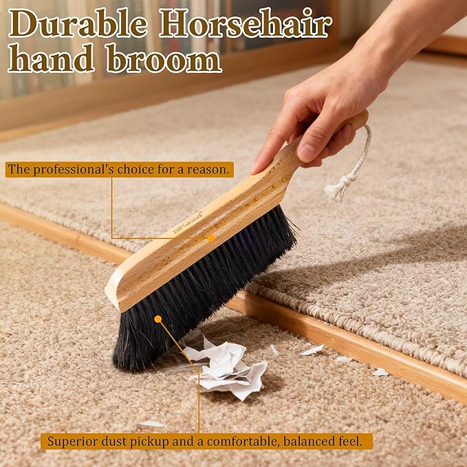 BFWood Horse Hair Hand Broom, Woodworking Bench Cleaning Brush, Fireplace Dust Brush, Hand Broom for Shop, Furniture, Carpet, Car Wash, Sweeping, Workspace, Exhibition-Hall, Upholstery