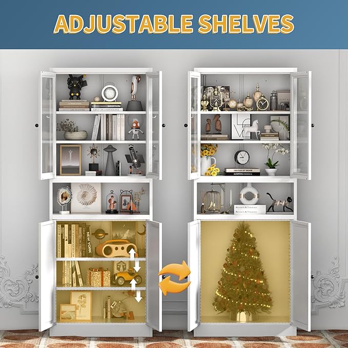 Kitchen Pantry Cabinet, 72" H Storage Cabinet with Glass Doors and Adjustable Shelves, Metal Bathroom Cabinets, Utility Cabinets for or Kitchen, Living Room, Assembly Required, White