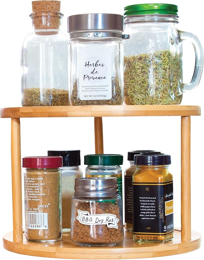TB Home Two-Tier Bamboo Wood Lazy Susan Organizer Kitchen Turntable for Cabinet, Table or Pantry Organization, 10" Diameter & 7-1/4" High
