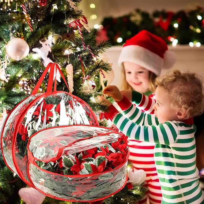 4 Pcs Christmas Wreath Storage Bag, 24 Inch Clear Red Edging Xmas Wreath Storage Container, Garland Holiday Artificial Wreath Storage Holder, Water Proof Transparent PVC with Handles