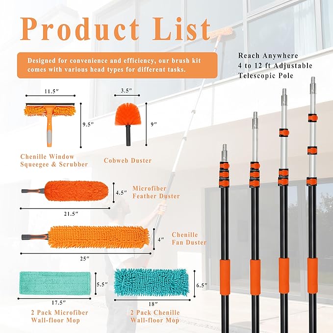 PuliKit 20ft High Ceiling Duster Kit with 4-12ft Heavy-Duty Extension Pole, Cobweb Duster, Ceiling Fan Duster, Window Squeegee & Cleaner, Microfiber Duster, Wall Mop for Home High Reach Cleaning