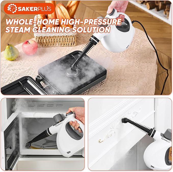 SakerPlus Steam Disinfection Cleaner, Handheld Pressurized Steamer with 9-Piece Accessories for Multi-Surface Cleaning, Natural Sanitization for Kitchen, Floor (1 x Steam Cleaner Kit + 4 Fiber Cloths)