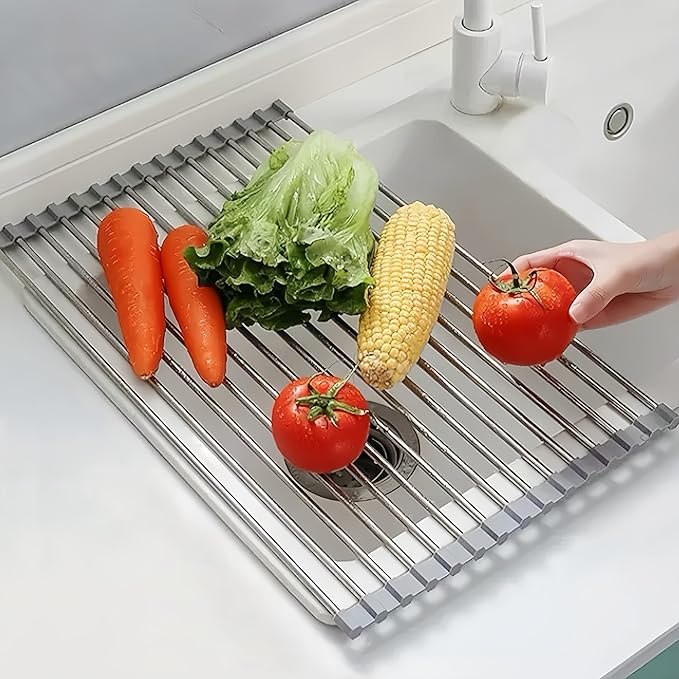 Sayehuanye Roll Up Dish Drying Rack, 17.7" x 11.8" Over The Sink Dish Drying Rack, Kitchen Dish Rack Foldable Dish Drainer, Stainless Steel Dish Drying Rack for Kitchen Sink Counter Storage (Grey)