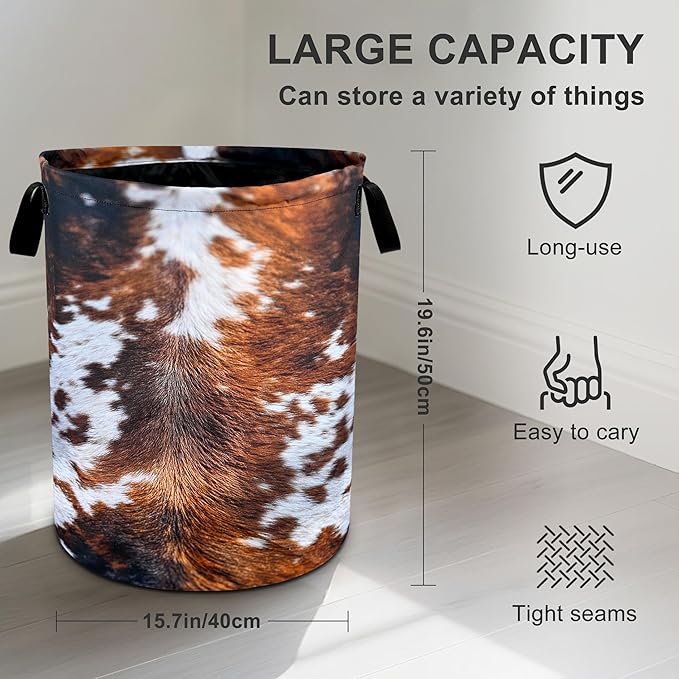 Cow Fur Laundry Basket Storage Bin Foldable Laundry Hamper Clothes Storage Bucket Organizer 19.6x15.7 Inch For Laundry Room/Bedroom/Bathroom