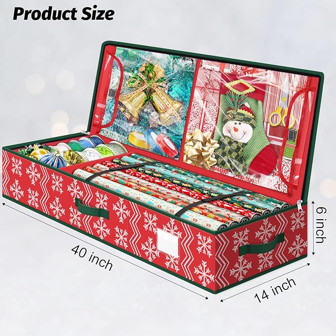StorageRight Wrapping Paper Organizer Storage Container, Christmas Gift Wrapping Paper Storage Box for Paper Ornaments，Paper Storage Holder for Holiday Decoration Wave/Red