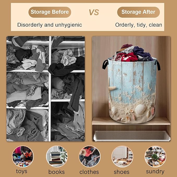 Large Laundry Basket,Beach Seashell Starfish Collapsible Laundry Baskets,Blue Wooden Waterproof Oxford Hamper with Handles for Bathroom Bedroom Nursery Home Storage 16"x20"