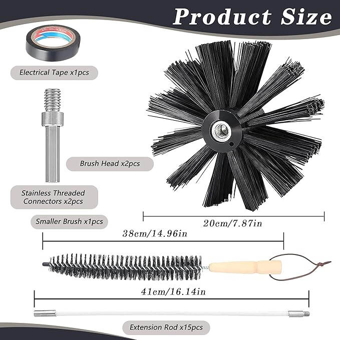 Chimney Sweep Kit Chimney Brush Kit Chimney Cleaning Kit, 20FT Dryer Vent Cleaner Kit Duct Cleaning Tools, Dryer Vent Cleaning Kit Fireplace Chimney Brushes-15pcs Flexible Rods, 2pcs 8in Chimney Brush